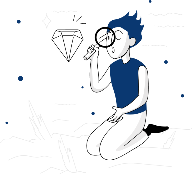 desenho de um garoto com cabelo azul segurando uma lupa